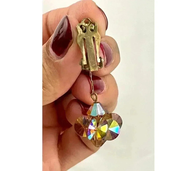 VTG Crystal Dangle Iridescent Clip on Earrings Bronze - Picture 3 of 13